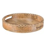 Vassoio con manico MELOBU in legno di mango, con decorazione cucita, naturale, 5 cm, Ø 30 cm