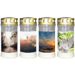 Candela da tomba SAVINA, motivo, coperchio, 4 pezzi, bianco, 17 cm, Ø 7,7 cm, 96 h