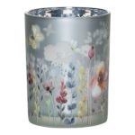 Portacandela in vetro per candeline ALLISTER con motivo floreale e farfalla, multicolore-opaco-argento lucido, 18cm, Ø12cm