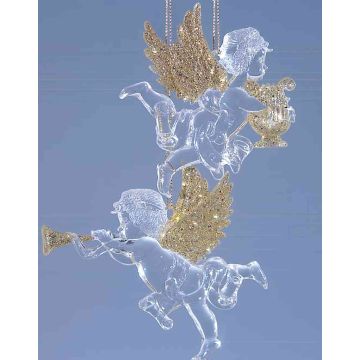Decorazione acrilica da appendere angelo LINDY, 2 pezzi, arpa, lira, glitter, oro, 9x10 cm