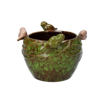 Vaso rotondo SARINO in ceramica, con uccelli 3D, verde-marrone-beige, 10,5 cm, Ø 14 cm