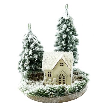 Casetta luminosa decorativa SEWARD, paesaggio innevato, abeti, LED, bianco-verde, 25cm, Ø20cm