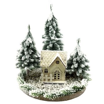 Casetta luminosa decorativa SEWARD, paesaggio innevato, abeti, LED, bianco-verde, 25cm, Ø25cm