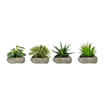 Composizione artificiale di piante succulente TASTIKE in vaso di poliresina, 4 pezzi, verde, 12-15cm