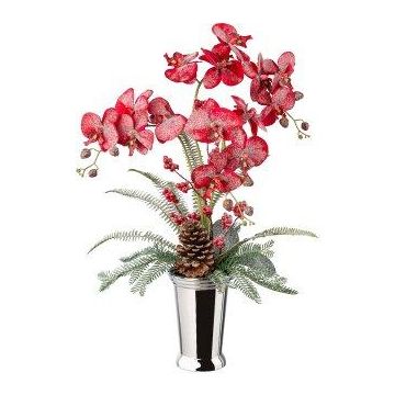 Composizione decorativa Orchidea Felce BALSI, vaso in ceramica, pigne, bacche, innevata, rosso-bianco, 70 cm