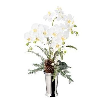 Composizione decorativa di orchidea e felce BALSI, vaso in ceramica, pigne, bacche, innevata, bianca, 70 cm