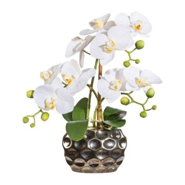 Fiore decorativo orchidea Phalaenopsis BRULFEN, vaso decorativo argento, bianco, 30 cm