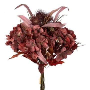 Mazzo di fiori artificiali ortensia, cardo sferico FISMA, rosso bordeaux, 45 cm