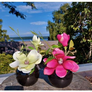 Magnolia artificiale FEMI in vaso di ceramica nero, crema-verde, 20 cm, Ø 17 cm