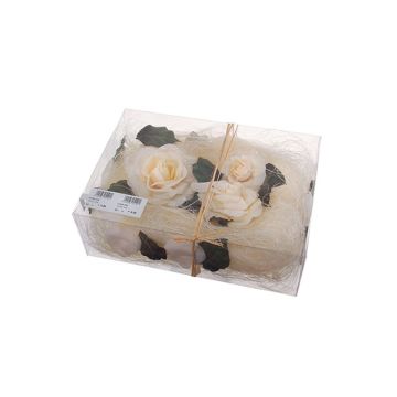 Decorazione floreale ZUMA con rose, foglie, perline, sisal, crema, 5cm Decorazione floreale ZUMA con rose, foglie, perline, sisal, crema, 5cm