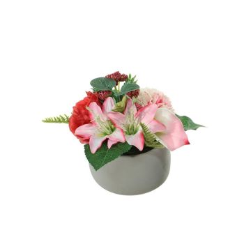 Composizione artificiale di giglio, calla, peonia, garofano ALFARA, vaso decorativo, rosa-crema-rosso, 19cm, Ø20cm