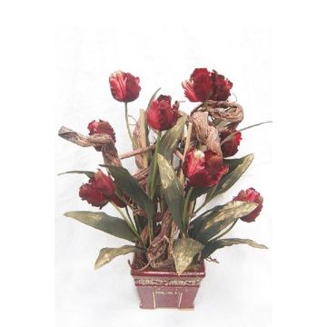 Composizione decorativa Tulipani, salix matsudana THARO, vaso decorativo, rosso-oro, 70 cm, Ø40 cm