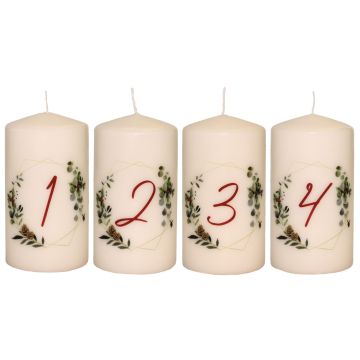 Candele dell'Avvento CHRISTOPHORUS con numeri stampati, 4 pezzi, color crema, 13 cm, Ø 6,8 cm, 52 h - Made in Germany