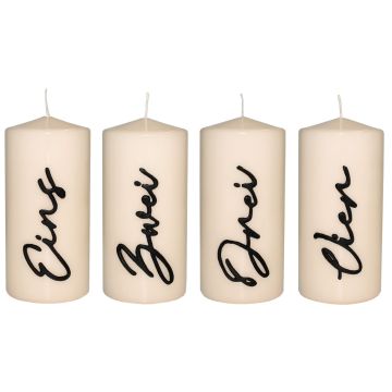 Corona dell'Avvento con candele PAULINO con numeri, 4 pezzi, crema lucido, 15 cm, Ø7 cm, 63 h - Made in Germany