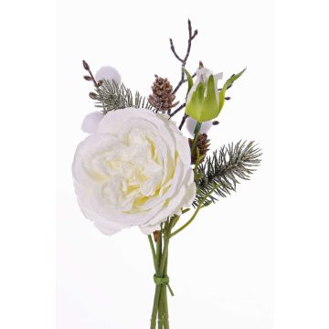 Mazzo di rose sintetico FANNI pigne, innevato, bianco, 30cm, Ø15cm Mazzo di rose sintetico FANNI pigne, innevato, bianco, 30cm, Ø15cm