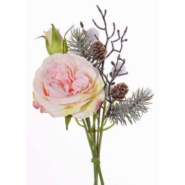 Mazzo di rose sintetico FANNI, pigne, innevato, rosa, 30cm, Ø15cm Mazzo di rose sintetico FANNI, pigne, innevato, rosa, 30cm, Ø15cm