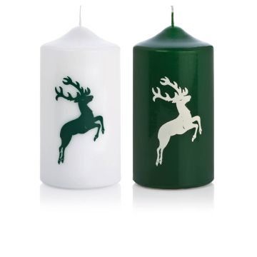 Candela dell'Avvento DALDI con motivo cervo, 2 pezzi, verde scuro-bianco, 15cm, Ø8cm, 69h - Made in Germany