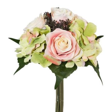 Bouquet di fiori artificiali con rose e ortensie DRUZA con frutti, rosa-champagne-verde, 30 cm