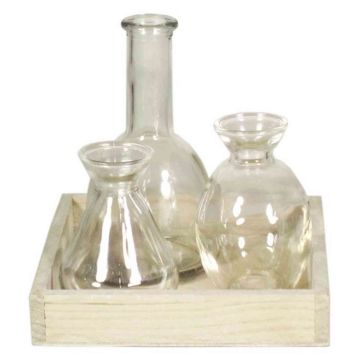 Vassoio di legno con bottiglie di vetro KAYRA, 3 pezzi, trasparente, 17x17x16cm