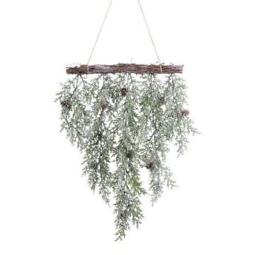 Ghirlanda artificiale da soffitto di cipresso DINSA con pigne, congelata, verde-bianca, 55 cm