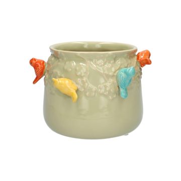 Coprivaso BIRDIE in ceramica, con uccelli 3D, verde-arancione-giallo-blu, 11 cm, Ø 13,5 cm