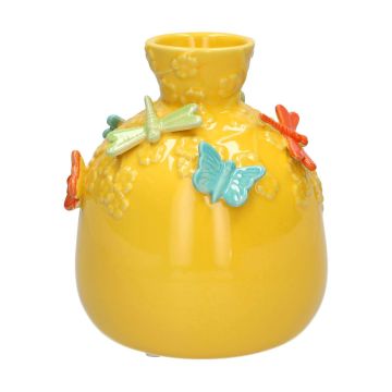Bottiglia a forma di palloncino KIMANA in ceramica, farfalle e libellule 3D, giallo-blu-verde-arancione, 16 cm, Ø 14 cm