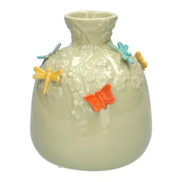 Bottiglia a forma di palloncino KIMANA in ceramica, farfalle e libellule 3D, verde-giallo-blu-arancione, 16 cm, Ø 14 cm