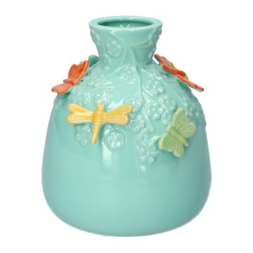 Bottiglia a palloncino KIMANA in ceramica, farfalle e libellule 3D, blu-giallo-verde-arancione, 16 cm, Ø 14 cm