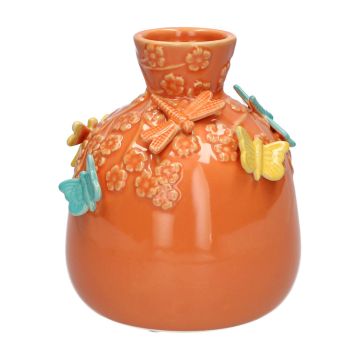 Bottiglia a palloncino KIMANA in ceramica, farfalle e libellule 3D, arancione-giallo-blu, 19 cm, Ø 16,5 cm
