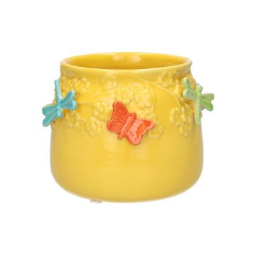 Coprivaso KIMANA in ceramica, farfalle e libellule 3D, giallo-arancione-blu-verde, 11 cm, Ø 13,5 cm