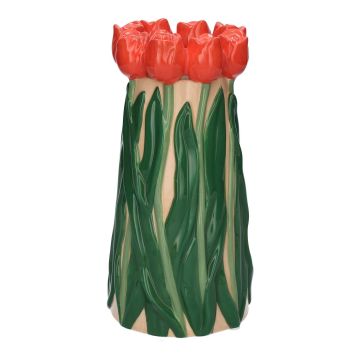 Vaso da fiori LIMEA in dolomite, tulipani 3D, beige-rosso-verde, 24,5 cm, Ø 12,5 cm