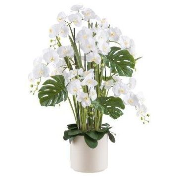 Composizione floreale artificiale orchidea filodendro CASTOL, sansevieria mikado, vaso decorativo, bianco, 120 cm