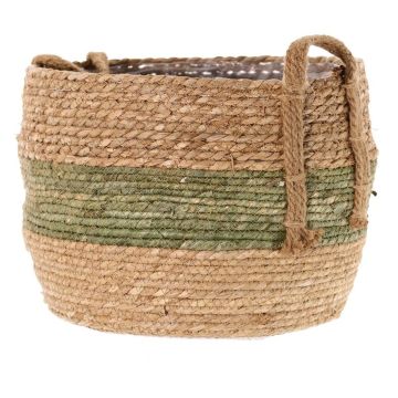 Cesto fioriera UPALI, legato in erba di mare, 2 manici, beige-verde, 26cm, Ø33cm