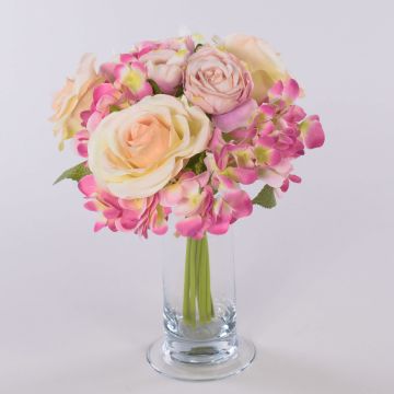 Bouquet di fiori artificiali FOUDILA, rose ortensie, crema-rosa, 25cm