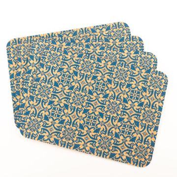 Sottopiatto rettangolare in sughero ROHESIA, motivo orientale, 4 pezzi, naturale-blu, 40x30x0,3 cm