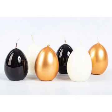Candele a forma di uovo di Pasqua LEONITA, 6 pezzi, oro-nero-avorio, 6 cm, 4,5 cm, 7 h - Made in Germany