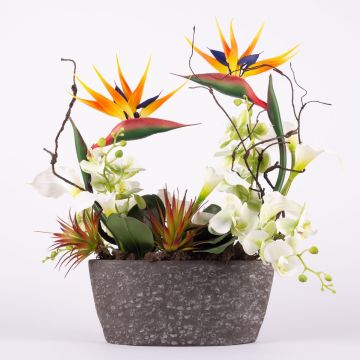 Composizione floreale artificiale esotica LOVARA, strelitzia, orchidea, calla, arancione-bianco-verde, 55x30x60 cm