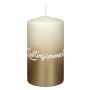 Candela tronca JARDENA con scritta, persona cara, biscotto-oro, 13 cm, Ø 7 cm, 52 h
