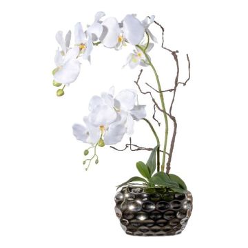 Composizione floreale artificiale orchidea salice contorto TICHIO, vaso decorativo, radici, bianco, 55 cm