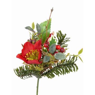 Mazzo sintetico LILLY, rose di Natale, bacche, rosso, 17cm, Ø12cm