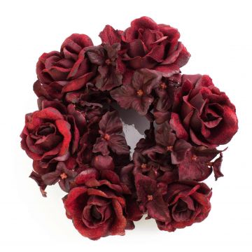 Anello per candele finto INGA, rose, ortensia, rosso scuro, Ø15cm