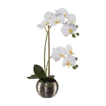 Fiore artificiale orchidea Phalaenopsis ZARFU, vaso decorativo argento, radici, bianco, 40 cm