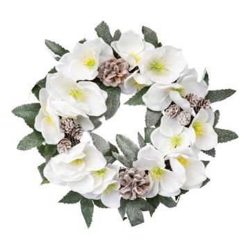Ghirlanda decorativa di rose di Natale FOGRA, pigne, congelata, bianca, Ø30 cm