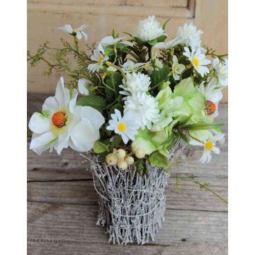 Composizione floreale di anemone e viola del pensiero artificiale CHEYENNE, vaso in rattan, bianco, 40cm