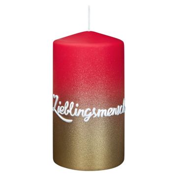 Candela tronca JARDENA con scritta, persona cara, rosso antico-oro, 13 cm, Ø 7 cm, 52 h