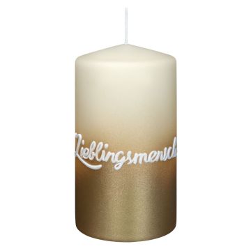 Candela tronca JARDENA con scritta, persona cara, biscotto-oro, 13 cm, Ø 7 cm, 52 h