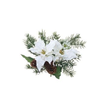 Composizione artificiale stella di Natale, abete YINGA con pigne, bacche, gambo, bianco, 23cm, Ø24cm
