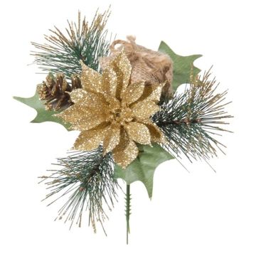 Composizione decorativa di Stella di Natale, pino HERMINA con regalo, gambo, oro, 21cm, Ø17cm