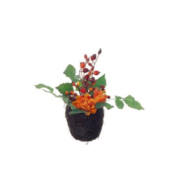 Composizione floreale artificiale di dalia, rosa canina ABED in cesto, rosso-arancio, 17cm, Ø10cm Composizione floreale artificiale di dalia, rosa canina ABED in cesto, rosso-arancio, 17cm, Ø10cm