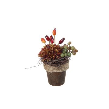 Composizione di fiori artificiali dalia, rosa canina, uva MUSAN, vaso decorativo, rosso-arancio-verde, 10cm, Ø7cm Composizione di fiori artificiali dalia, rosa canina, uva MUSAN, vaso decorativo, rosso-arancio-verde, 10cm, Ø7cm
